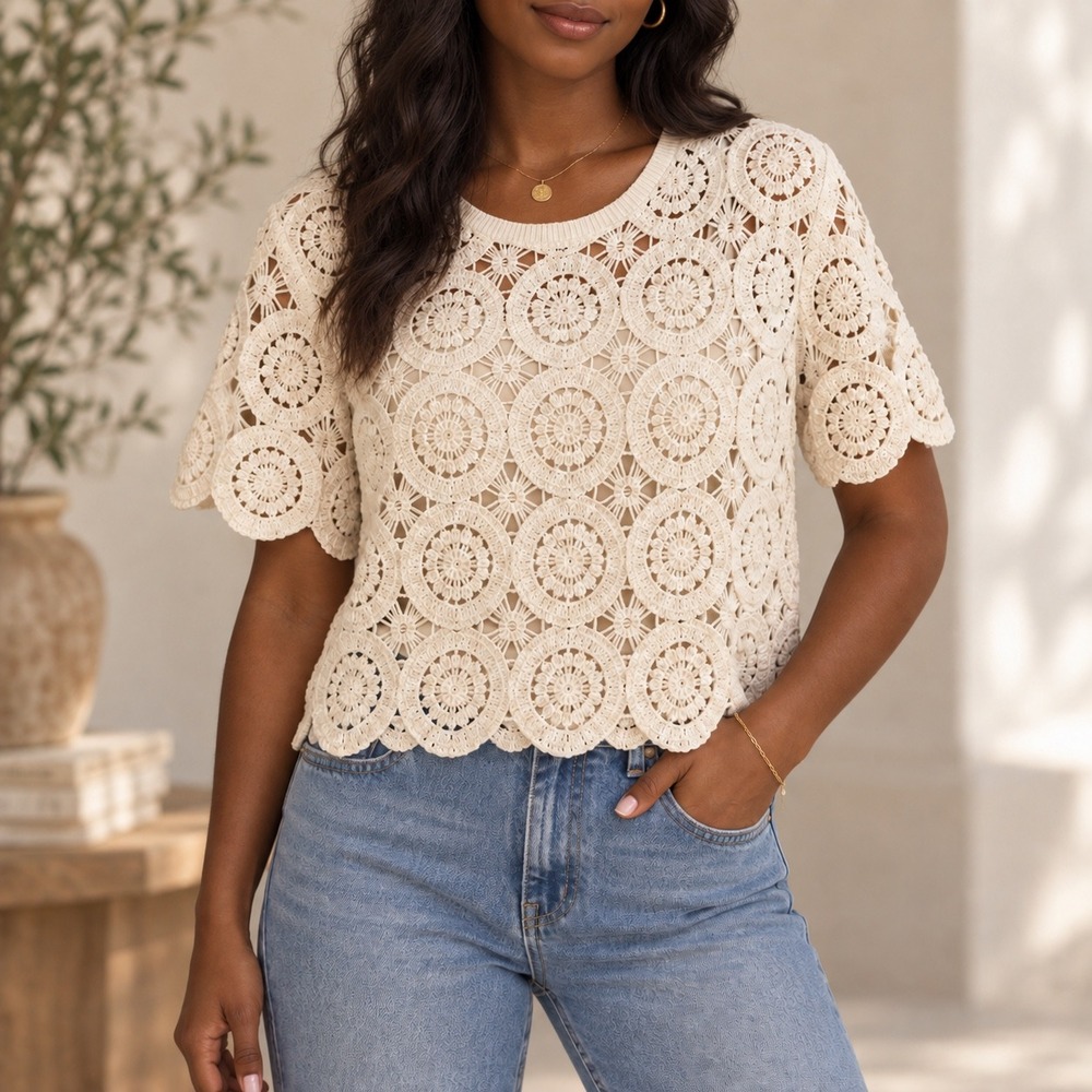 L 237 Abercrombie & Fitch Ivory Crochet Medallion Scalloped Boho Cotton Top